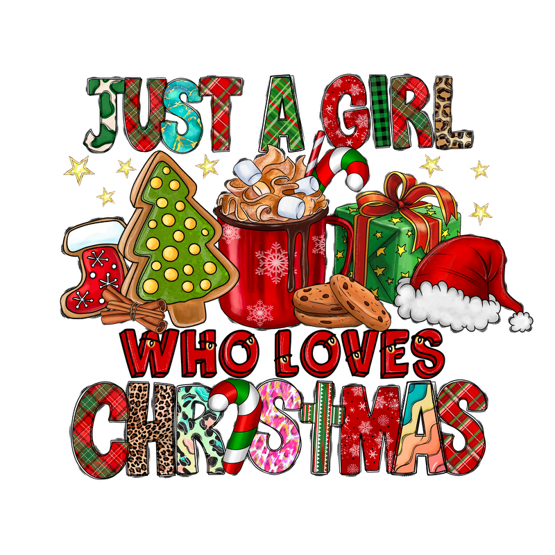 Celebrate the holiday spirit with this festive design featuring a girl who loves Christmas, complete with cookies, gifts, and decorations!DTF Transfers dtf prints