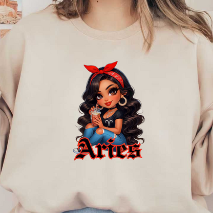 A stylish cartoon character representing Aries, featuring long dark hair, a red bandana, and holding a drink, wearing a casual outfit.dtf regular iron