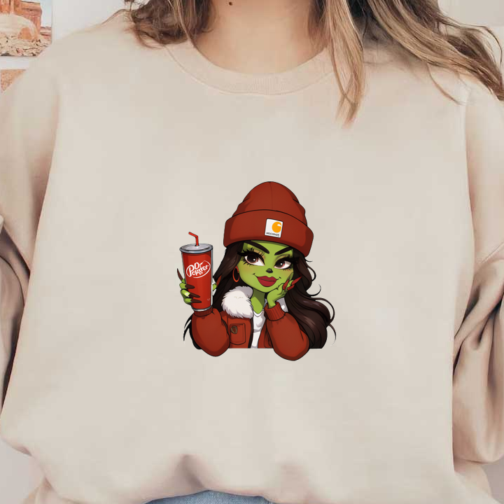 A stylish cartoon character with green skin, wearing a beanie, cozy jacket, and holding a Dr Pepper drink.DTF Transfers dtf prints