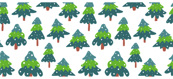 A charming pattern of colorful Christmas trees with green and blue hues, topped with snow, set against a black background.UV Transfers dtf transfers