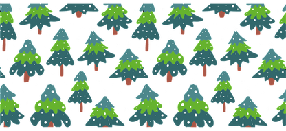 A charming pattern of colorful Christmas trees with green and blue hues, topped with snow, set against a black background.UV Transfers dtf transfers