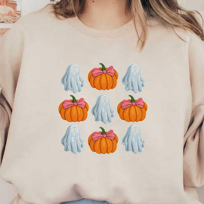 ¡Una divertida colección de lindos fantasmas y calabazas con lazos rosas, perfectos para decoraciones de Halloween!