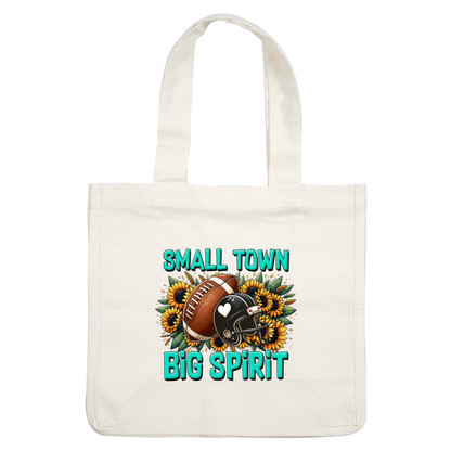 Celebrate small-town pride with this vibrant design featuring a football and helmet surrounded by cheerful sunflowers and lively text!dtf regular iron