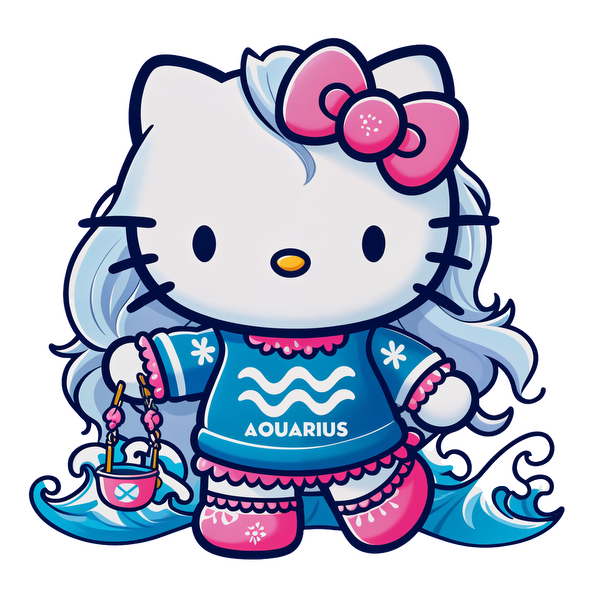 Hello Kitty is styled as an Aquarius with flowing hair, wearing a blue sweater adorned with the zodiac symbol and carrying a mini boat.DTF Transfers dtf prints