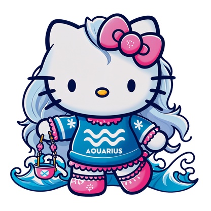 Hello Kitty is styled as an Aquarius with flowing hair, wearing a blue sweater adorned with the zodiac symbol and carrying a mini boat.DTF Transfers dtf prints