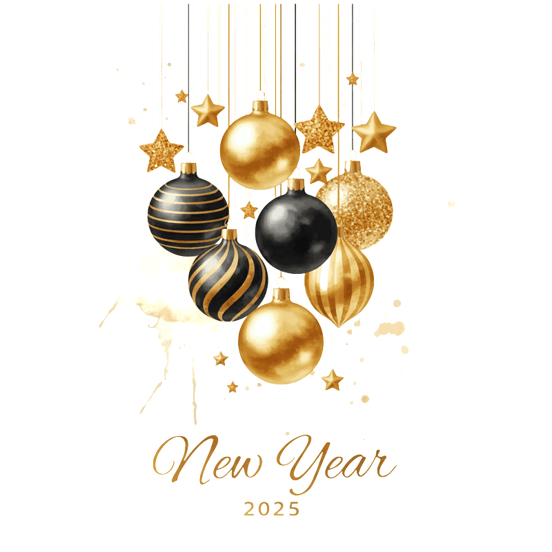 Celebrate the 2025 New Year with a festive design featuring elegant gold and black ornaments and shimmering stars.DTF Transfers