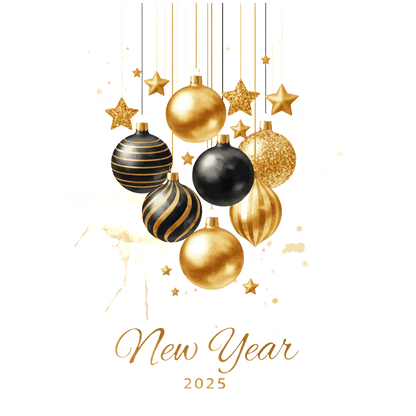 Celebrate the 2025 New Year with a festive design featuring elegant gold and black ornaments and shimmering stars.DTF Transfers