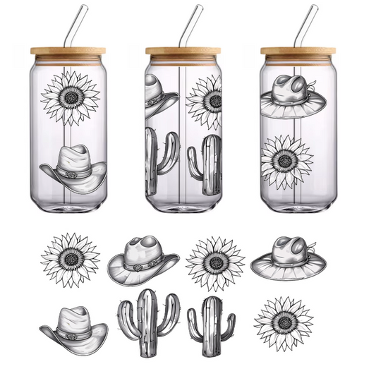 A collection of hand-drawn sunflowers, wide-brimmed hats, and cacti, showcasing a rustic, Western-themed design in monochrome.UV Transfersdtf regular iron