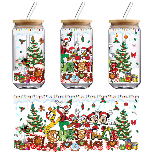 Celebrate the joy of Christmas with beloved characters Mickey, Donald, and friends, surrounded by festive trees and colorful gifts!UV Transfers dtf prints