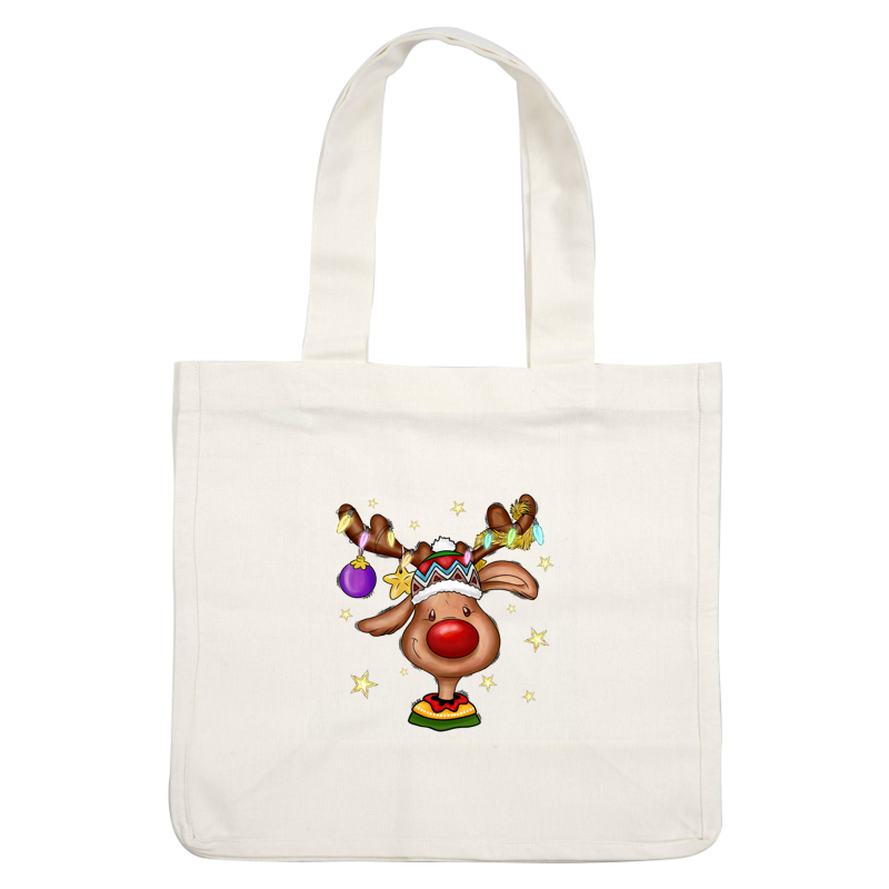 A cheerful cartoon reindeer wearing a festive hat, adorned with colorful ornaments and sparkling stars, perfect for celebrating the holidays!DTF Transfersdtf regular iron