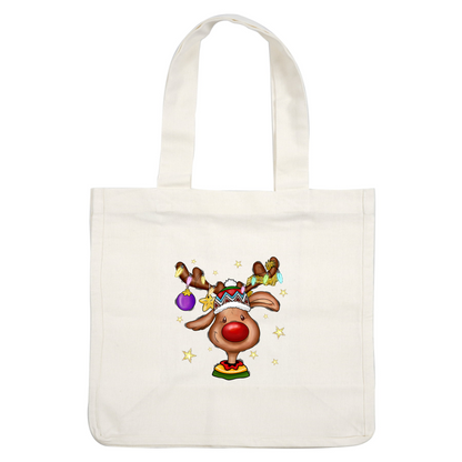 A cheerful cartoon reindeer wearing a festive hat, adorned with colorful ornaments and sparkling stars, perfect for celebrating the holidays!DTF Transfersdtf regular iron