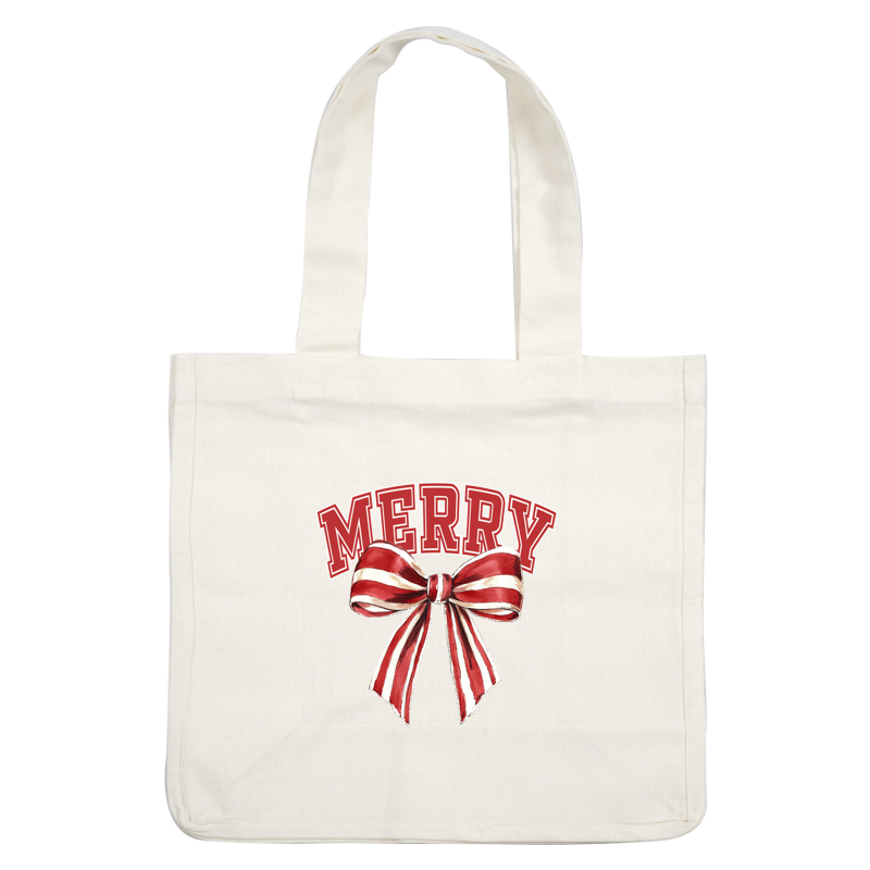 A festive design featuring the word "MERRY" in bold red letters, accented by a cheerful red and white striped ribbon. dtf transfers