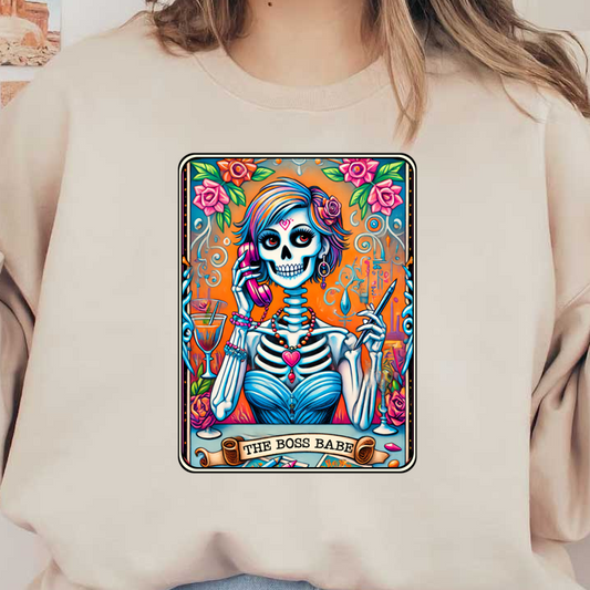 A vibrant, artistic depiction of a stylish skeleton with colorful hair, holding a phone and exuding confidence, titled "The Boss Babe." dtf transfers