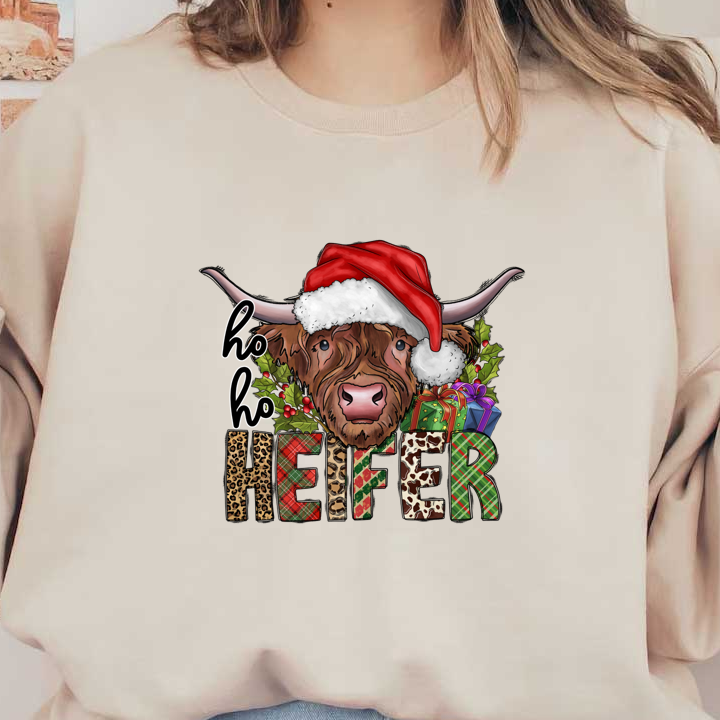 A fun and festive design featuring a holiday-themed cow with the playful phrase "ho ho HEIFER" surrounded by Christmas gifts and decorations.DTF Transfers heat press transfers