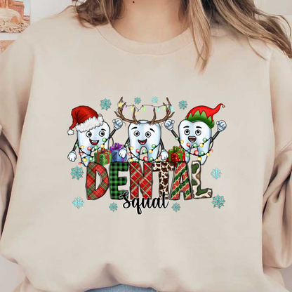 Celebrate the festive spirit with cheerful cartoon teeth in holiday attire, surrounded by gifts, lights, and snowflakes!DTF Transfers dtf transfersdtf regular iron