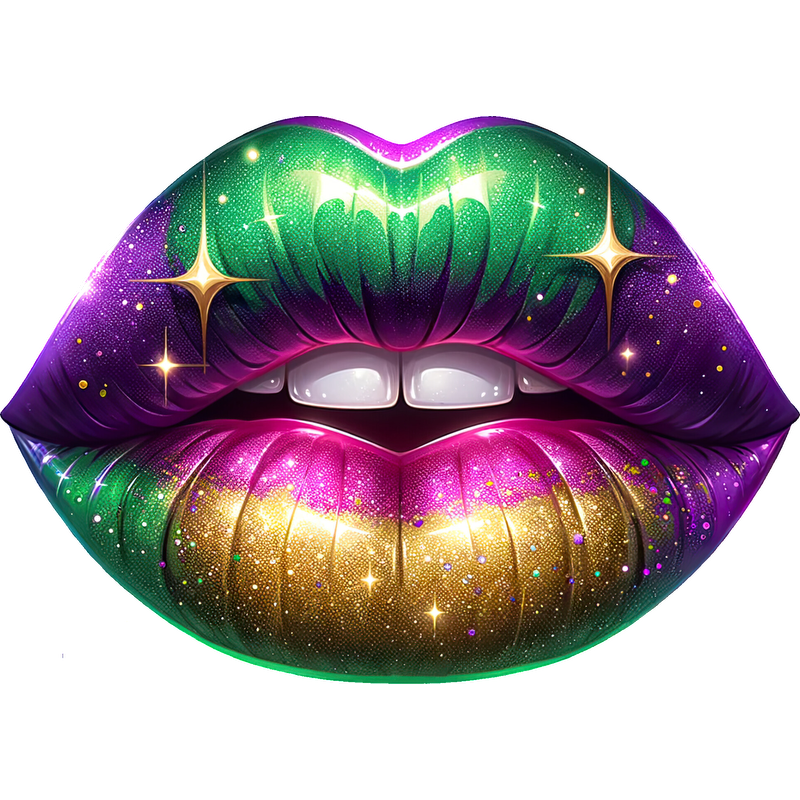 This vibrant graphic features a pair of glamorously decorated lips in green, purple, and gold with sparkling accents.DTF Transfers