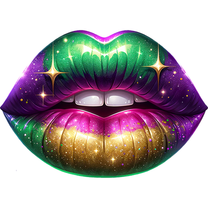 This vibrant graphic features a pair of glamorously decorated lips in green, purple, and gold with sparkling accents.DTF Transfers