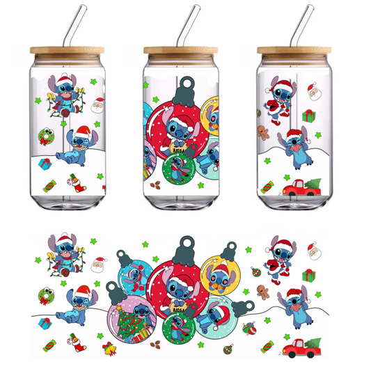 Festive illustration featuring Stitch from Lilo & Stitch in various Christmas-themed poses, surrounded by colorful ornaments, gifts, and holiday decorations.UV Transfersdtf regular iron