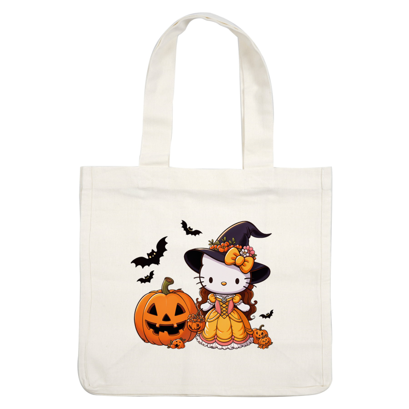 A cute Halloween-themed Hello Kitty in a witch costume, complete with a pumpkin, flowers, and playful decorations.DTF Transfersdtf regular iron