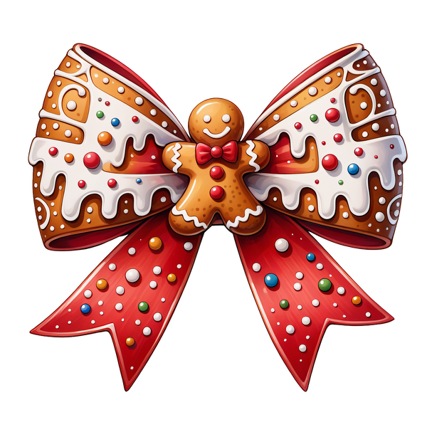 A festive gingerbread bow featuring colorful icing, sprinkles, and a cheerful gingerbread man centerpiece, perfect for the holidays! heat press transfers