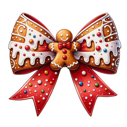 A festive gingerbread bow featuring colorful icing, sprinkles, and a cheerful gingerbread man centerpiece, perfect for the holidays! heat press transfers