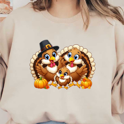 A charming trio of cartoon turkeys, adorned with a pilgrim hat, surrounded by pumpkins and autumn flowers, celebrating Thanksgiving. dtf prints