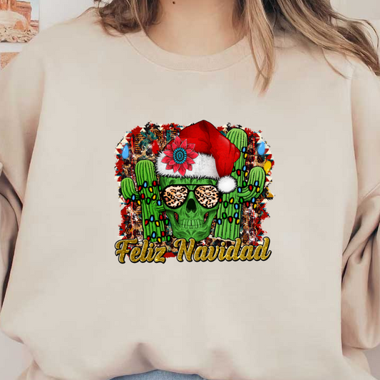 A colorful and festive design featuring a skull wearing a Santa hat, surrounded by cacti, with "Feliz Navidad" written in gold. heat press transfers