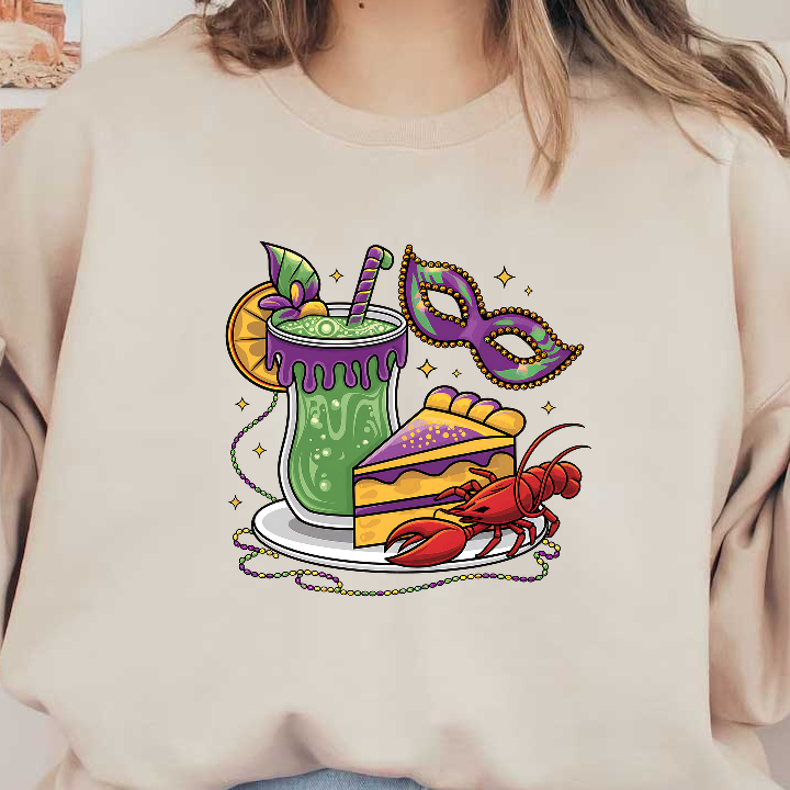 A vibrant illustration featuring a green drink, a slice of colorful cake, a lobster, and a festive masquerade mask.DTF Transfers