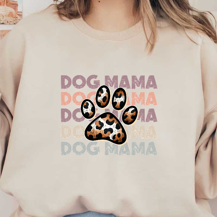 A green graphic t-shirt with a leopard print paw and "Dog Mama" repeated text.DTF Transfers