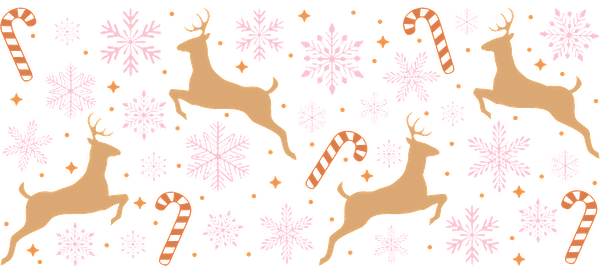 A festive pattern featuring playful reindeers, candy canes, and delicate snowflakes in soft pink and gold against a black background.UV Transfers dtf prints