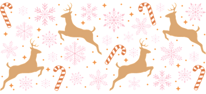 A festive pattern featuring playful reindeers, candy canes, and delicate snowflakes in soft pink and gold against a black background.UV Transfers dtf prints