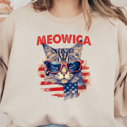 Una divertida ilustración de un gato con gafas de sol sobre un fondo de la bandera estadounidense, titulada "Meowica".