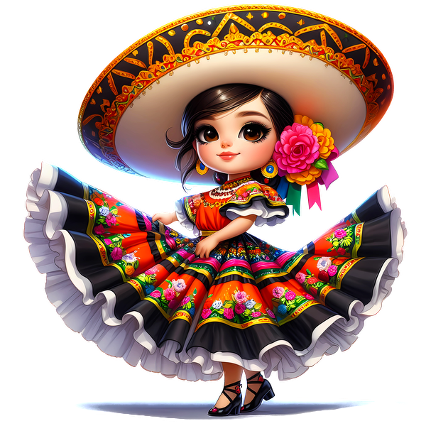 A charming young girl dances in a vibrant traditional dress with a colorful floral pattern, large sombrero, and stylish accessories. heat press transfers