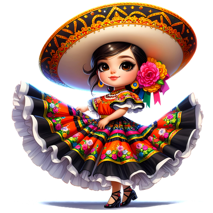 A charming young girl dances in a vibrant traditional dress with a colorful floral pattern, large sombrero, and stylish accessories. heat press transfers