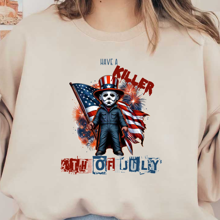 Celebrate the Fourth of July with this quirky graphic featuring a masked character holding an American flag amidst fireworks! dtf prints