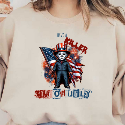 Celebrate the Fourth of July with this quirky graphic featuring a masked character holding an American flag amidst fireworks! dtf prints