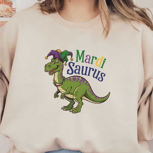 Celebrate Mardi Gras with this playful "Mardi Saurus," a green dinosaur adorned with festive beads and a jester hat!DTF Transfers