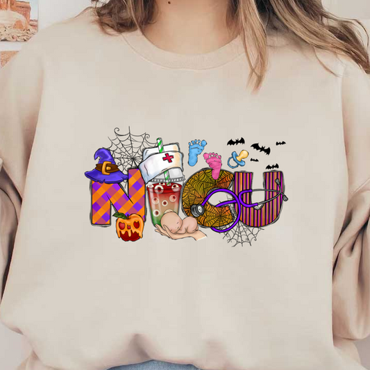 A whimsical graphic featuring colorful letters spelling "NICU," complemented by Halloween-themed items like a potion, pumpkin, and baby.DTF Transfers dtf transfers