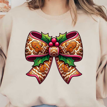 A whimsical gingerbread-themed bow adorned with festive holly leaves and berries, perfect for holiday decorations. dtf transfers