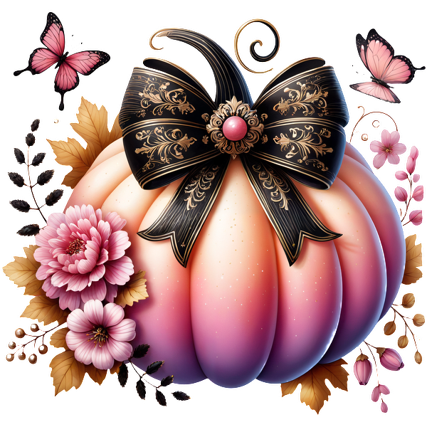 Una calabaza rosa bellamente diseñada adornada con una cinta negra ornamentada y rodeada de flores y mariposas vibrantes.