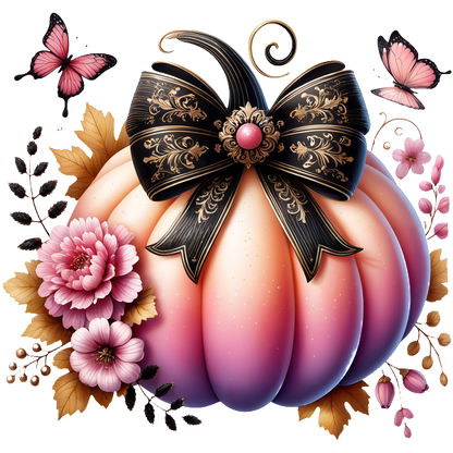 Una calabaza rosa bellamente diseñada adornada con una cinta negra ornamentada y rodeada de flores y mariposas vibrantes.