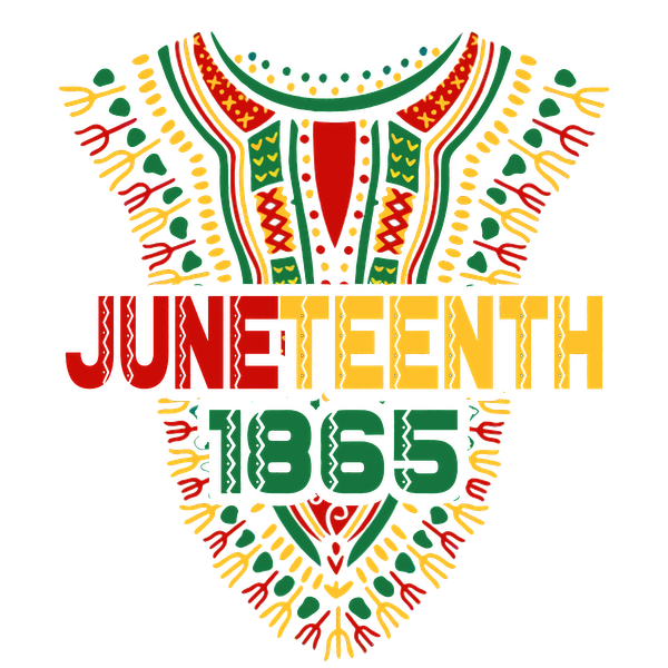 Celebrate Juneteenth with this vibrant graphic featuring traditional colors and patterns, highlighting "Juneteenth 1865" in bold letters.dtf regular iron