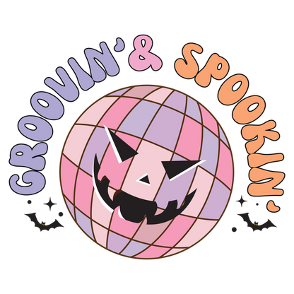 A playful graphic featuring a smiling, spooky disco ball with the fun text "Groovin' & Spookin'," perfect for Halloween vibes! heat press transfers