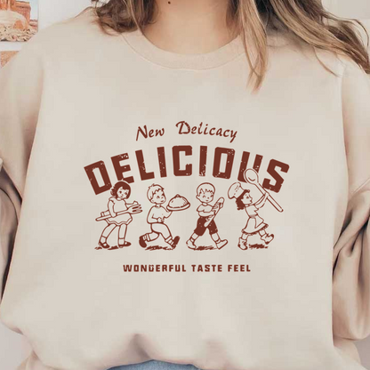 Un logotipo divertido que presenta personajes ilustrados disfrutando de la comida, con la palabra en negrita "DELICIOUS" y el lema "Wonderful Taste Feel".