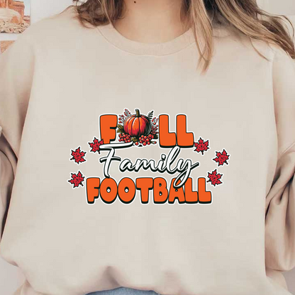 Celebre la temporada con este vibrante diseño de "Fútbol familiar de otoño" que presenta una calabaza y hojas de otoño.