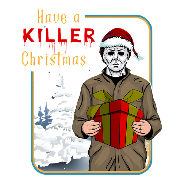 This festive illustration features a character in a Santa hat holding a gift, promoting a playful yet spooky "Have a KILLER Christmas."