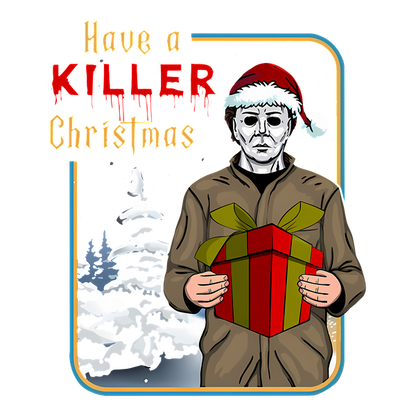 This festive illustration features a character in a Santa hat holding a gift, promoting a playful yet spooky "Have a KILLER Christmas."