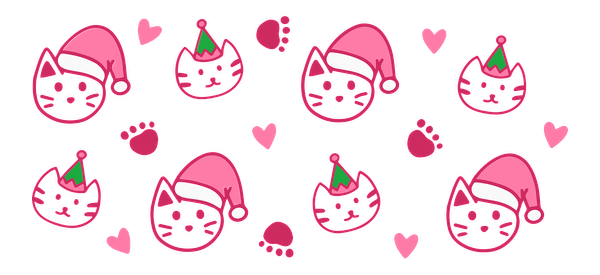 A playful design featuring adorable pink cats in festive hats, complemented by hearts and paw prints, perfect for holiday cheer!UV Transfers dtf prints