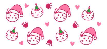 A playful design featuring adorable pink cats in festive hats, complemented by hearts and paw prints, perfect for holiday cheer!UV Transfers dtf prints