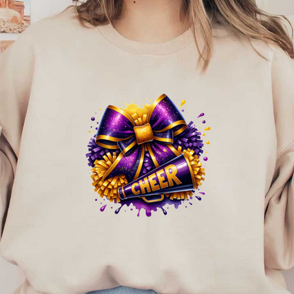 A vibrant cheerleading graphic featuring a purple and gold bow, pom-poms, and a megaphone with the word "CHEER."DTF Transfers heat press transfers